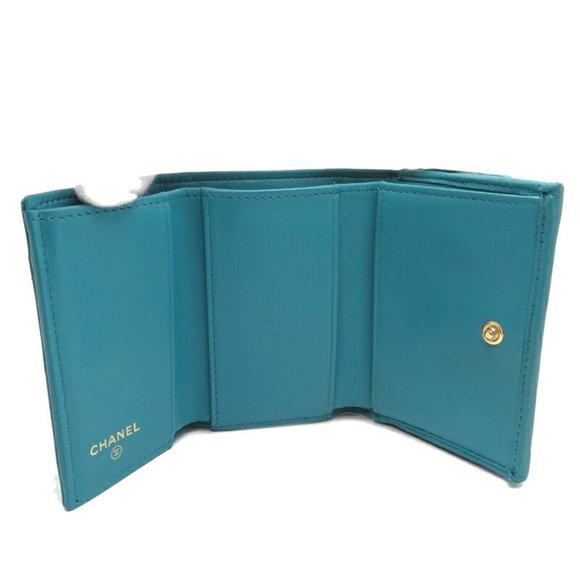 CHANEL Coco Mark Tri-fold Wallet Leather Turquoise Blue ⭐ - Picture 5 of 10
